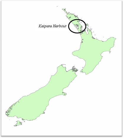 New Zealand map showing Kaipara Harbour